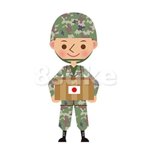 イラスト素材：救援物資を持つ日本の自衛官（ベクター・JPG）