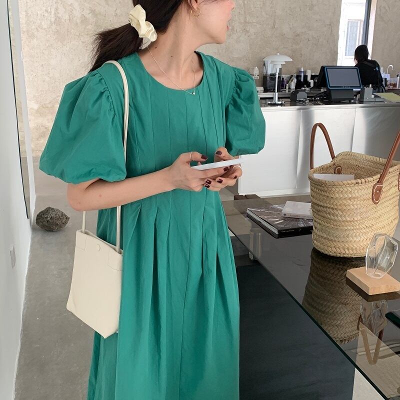 スタンダードプリーツソリッド カラーラウンドネックスリーブドレス ロングスカート レトロ Oネック ソリッドカラー ビッグFスモールZ韓国49019918734