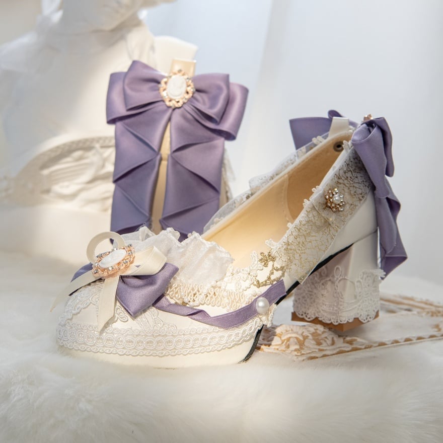 甘ロリ 靴 大きめリボンとレースの姫系パンプス 推し活 厚底パンプス 5cm/8cm