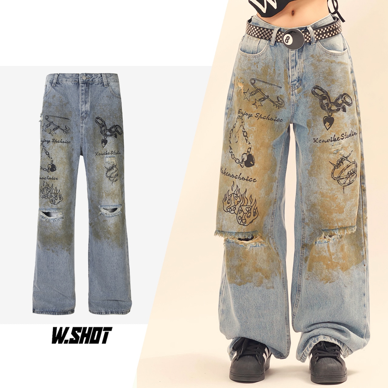 ストリート ヴィンテージプリント デニムパンツ P234