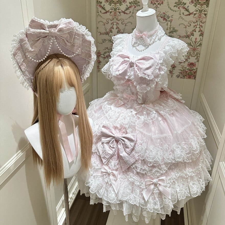 甘ロリ|幾重のレースとリボンが揺れる夢色ジャンパースカート ピンク&サックスのお茶会ドレス|SEASONZ