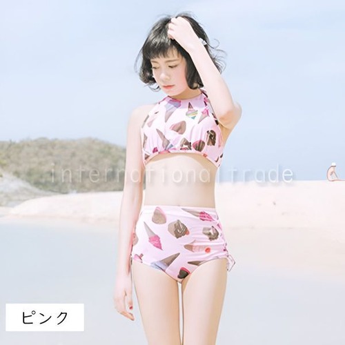 レディース水着 アイスクリーム柄 ビキニ 2点セット ハイウエスト セパレート 体型カバー 可愛い  フルーツ柄 おしゃれ 個性派 ポップ カラフル ピンク ブルー 盛れる水着 女の子 夏 海水浴 プール ビーチ リゾート旅行 映え 　w639