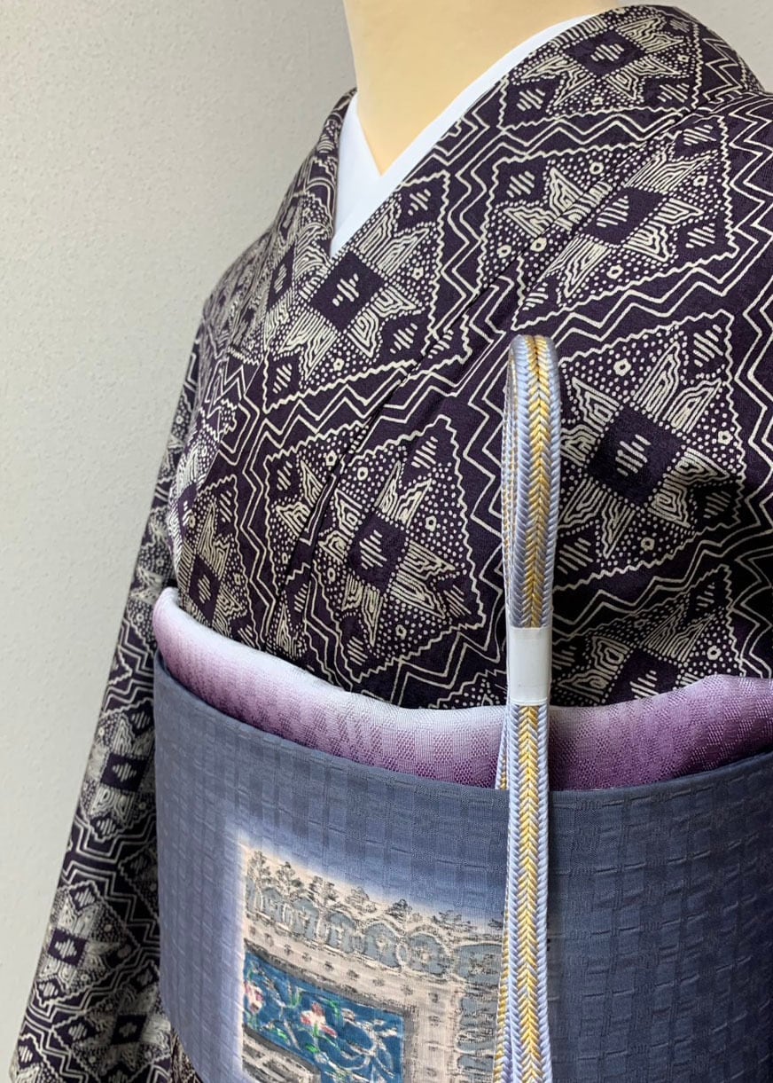 （袷）こげ茶地花菱文ムガシルク LUKMA-028