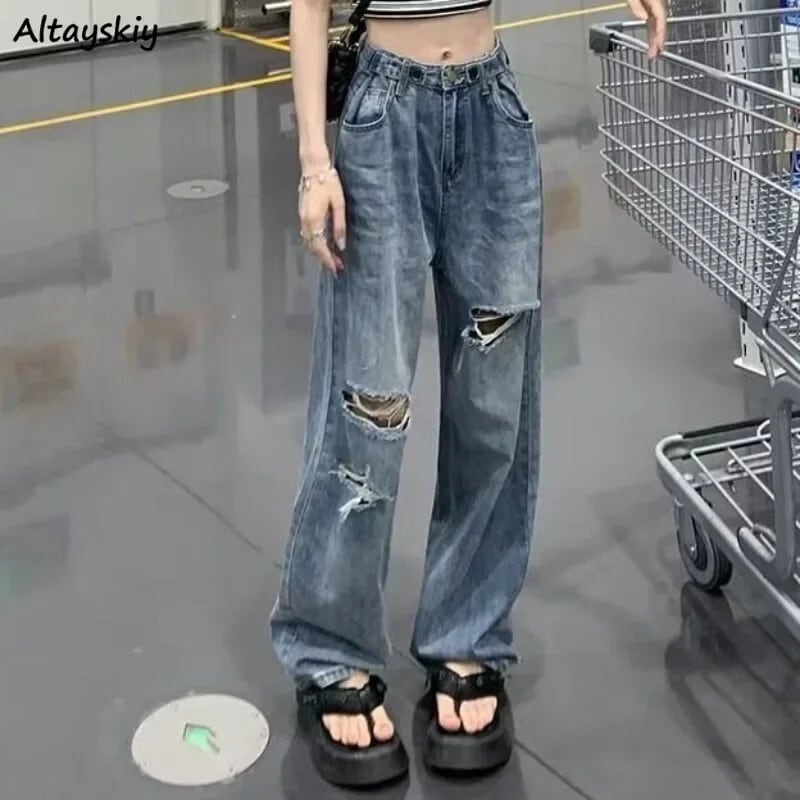 【新作】【送料無料】 穴ジーンズ女性 S-5XL ヴィンテージハイウエストシックなルーズカジュアルアメリカンスタイル BF 古いオールマッチインストリート Hotsweet ファッション 0347289557048