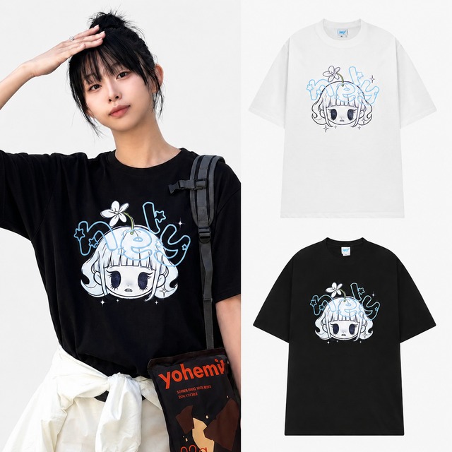 ユニセックス Tシャツ 半袖 ガール フラワー 星 キャラクター グラフィックプリント オーバーサイズ カジュアル 韓国ファッション メンズ レディース ストリート系ファッション TBN-1077218928013