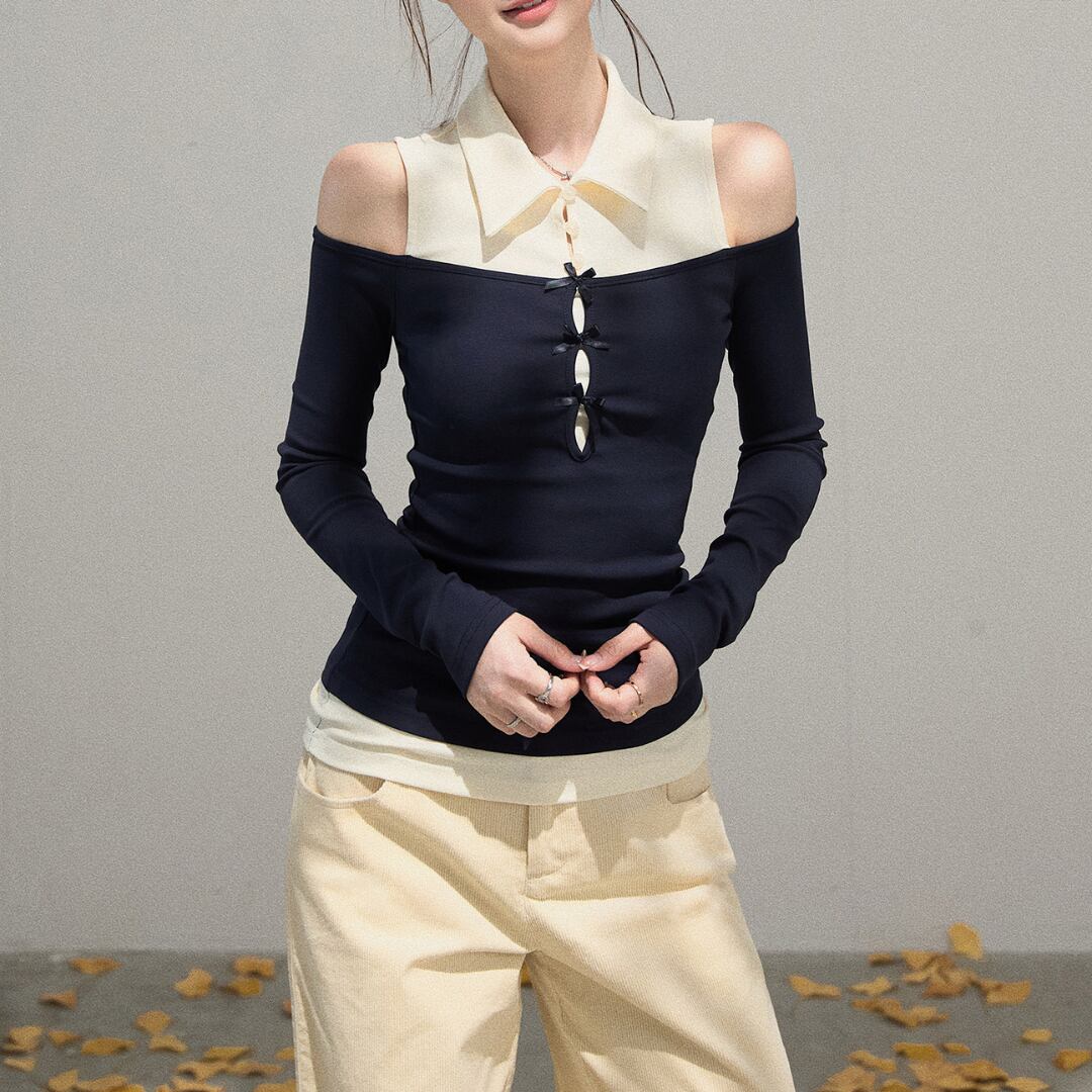 レイヤードデザインオフショルダーフィットトップス A51