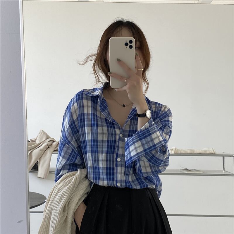 ブルー格子柄シャツ スプリングオータムトップス ロング 春物 秋物 スーパーモール58344763809