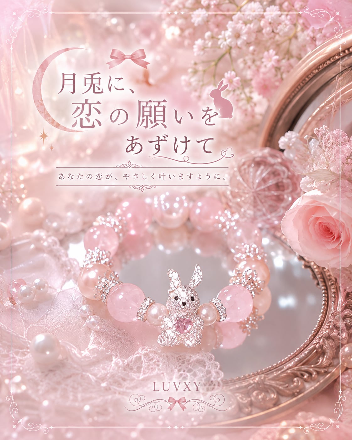 Moon Rabbit Love|恋の願いを守る月兎ローズクォーツブレスレット♥B20