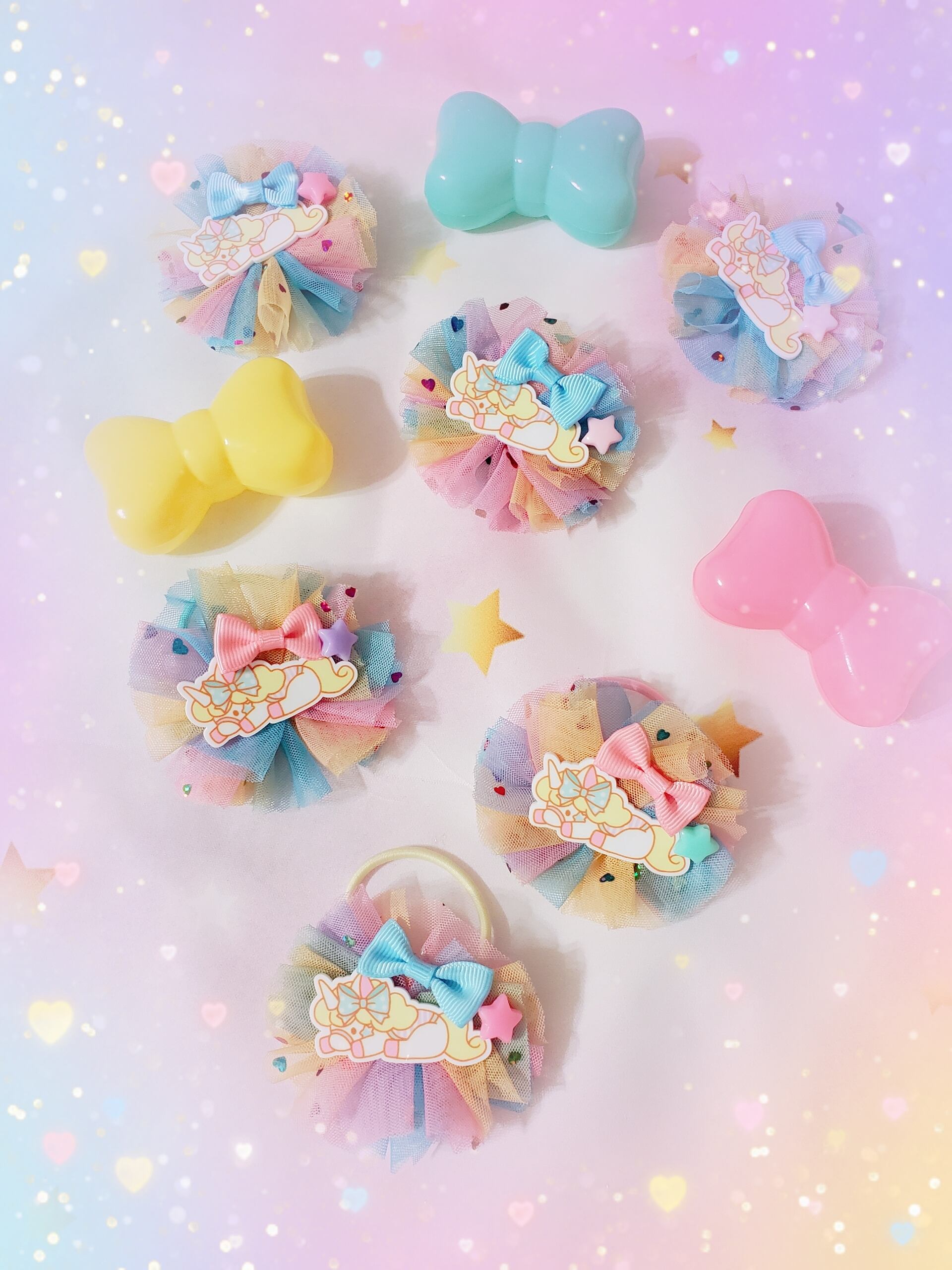 ふりふりハート虹色リボン♡ヘアゴム♡ツイン ふりふりハート虹色リボン♡ヘアゴム♡ツイン
