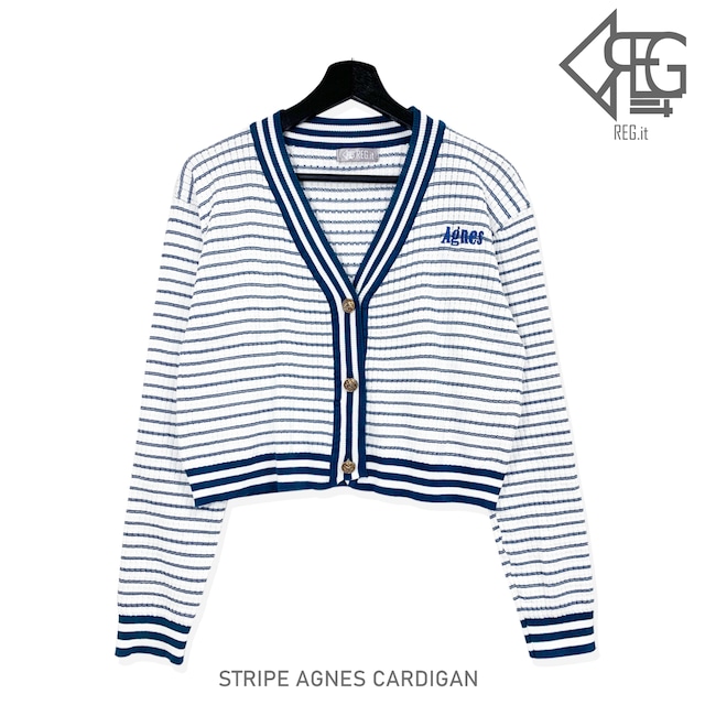 【REGIT】【即納】STRIPE AGNES CARDIGAN 韓国服 カーディガン 春 秋 ストライプ ボーダー ショート丈 アウター トップス 着回し プチプラ 着映え レディース ブルー