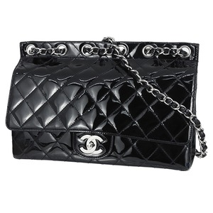 Used CHANEL シャネル シングルフラップ チェーンショルダーバッグ マトラッセ パテント ブラック 中古