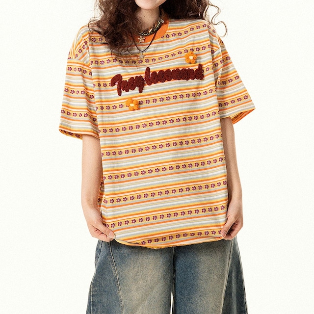 フラワーボーダーレタリングパッチTシャツ 1col R02306