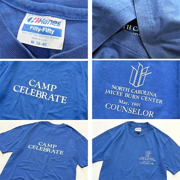 1点物◇USA製ヘインズ90sビンテージ青プリントTシャツ古着メンズML