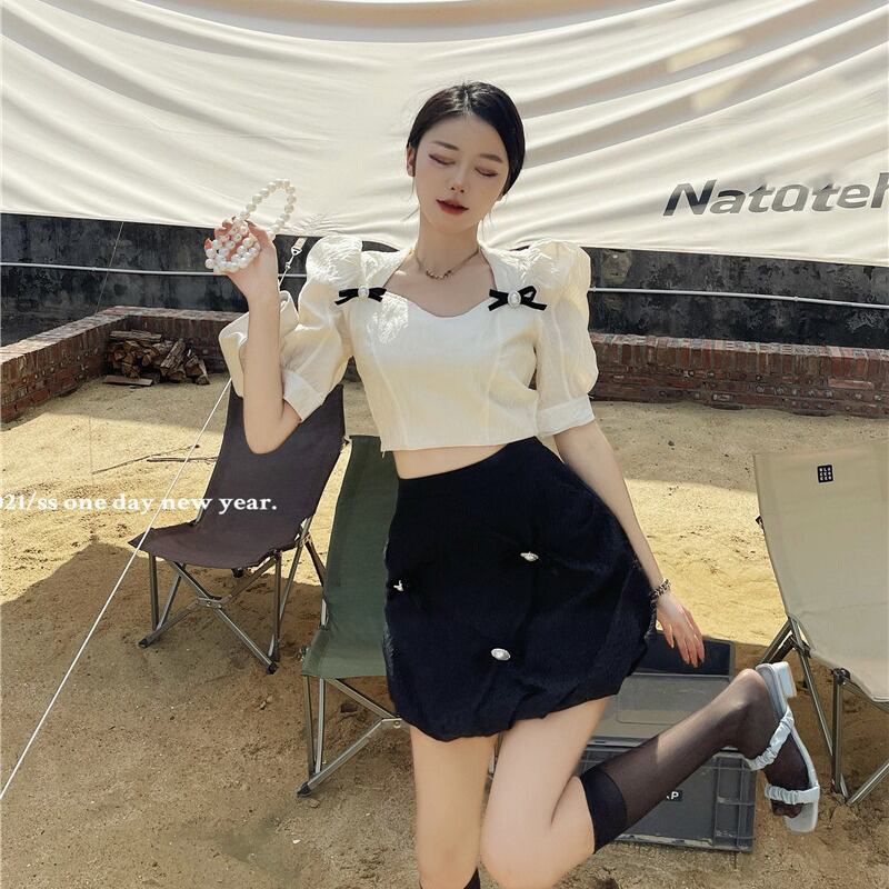 カラー半袖スリーブシャツ サマーホワイトトップス ショート リボン ハーフスリーブ 夏物 スクウェア ブラックストロベリース27184108528