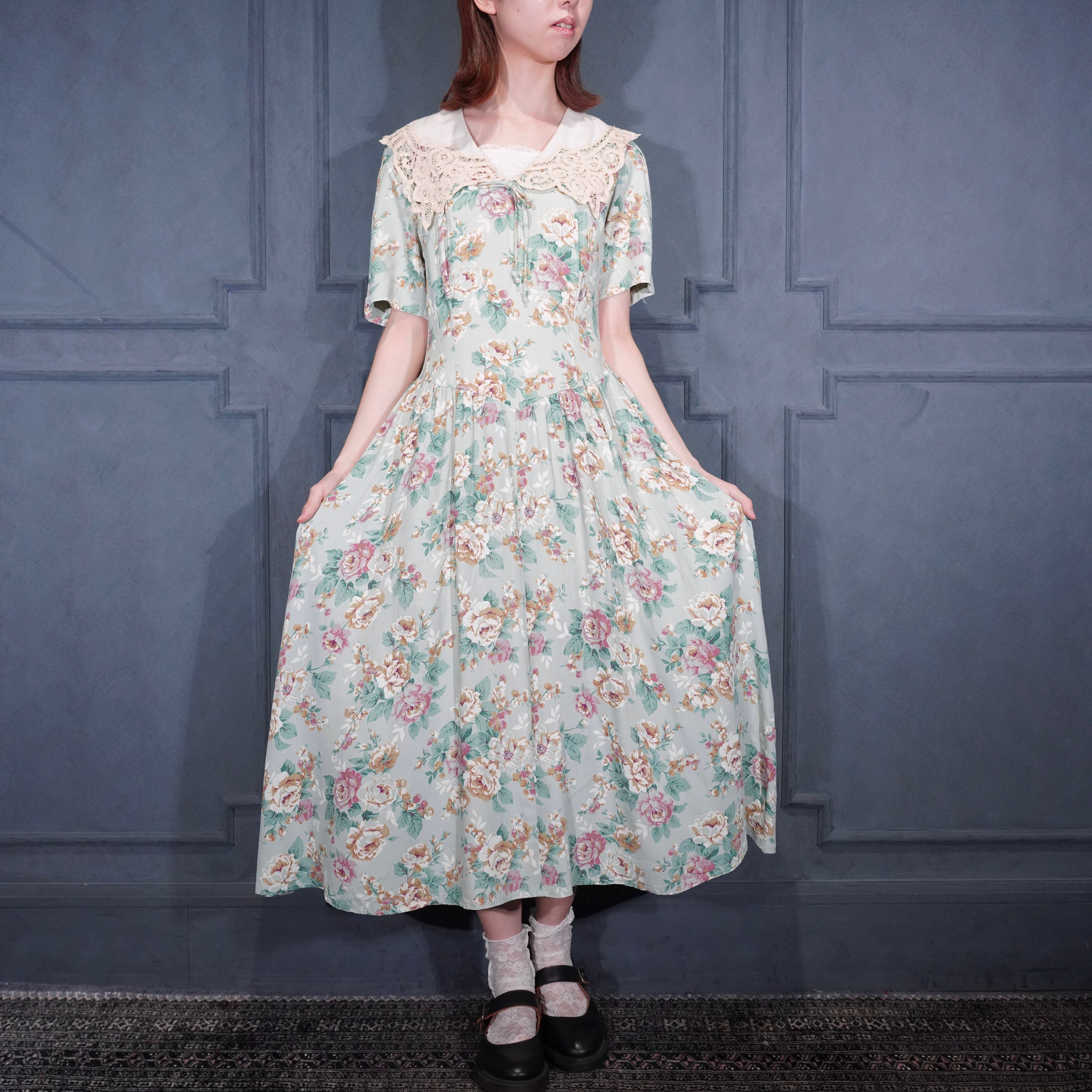 70's USA VINTAGE LACE DESIGN DRESS ONE PIECE/70年代アメリカ古着