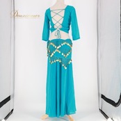 ベリーダンス 衣装 上下セット ブルー系 グリーン系 トップス スカート ヒップスカーフ ベール BAHEE 練習 レッスン コイン 青 緑 金 編み上げ 透け感 キラキラ 華やか かわいい ツーピース セットアップ ゴールド系