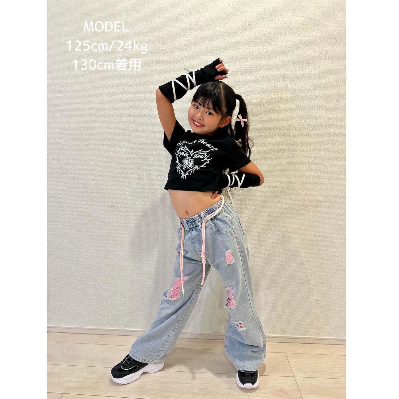 120-170】ピンクダメージデニム ダンス服 デニム カジュアル ピンク