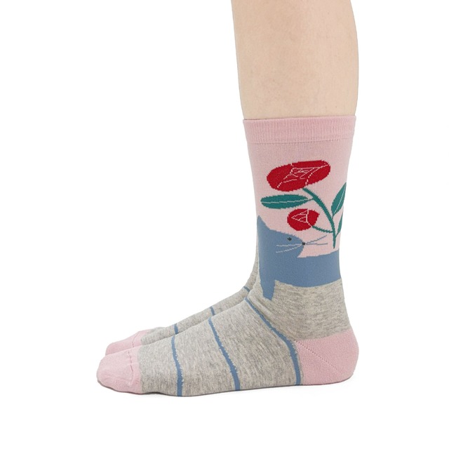 【JIN KITAMURA】北村人 SOCKS RED FLOWER & CAT ソックス 赤い花と猫