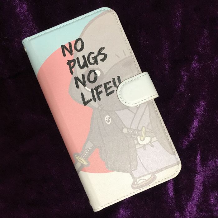 スタンド付き 両面印刷 手帳型 iphoneケース Hiphopパグ（黒パグ）