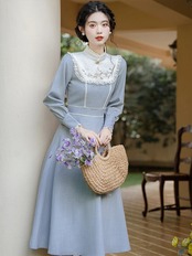 【0129】Light Blue Elegant Slim Long Sleeve Dress