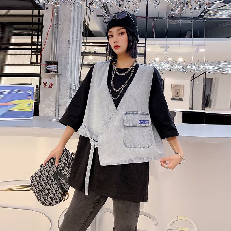 プラスファットプラスサイズの女性用200キャティーブラウス、ファットシスター秋服、ルーズで薄いデニムベスト、長袖Tシャツセット ミックスインファッション10131808154