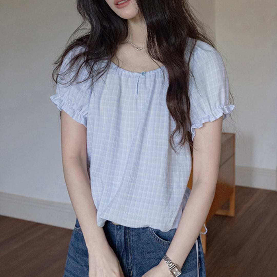 gathered neck frill sleeve blouse