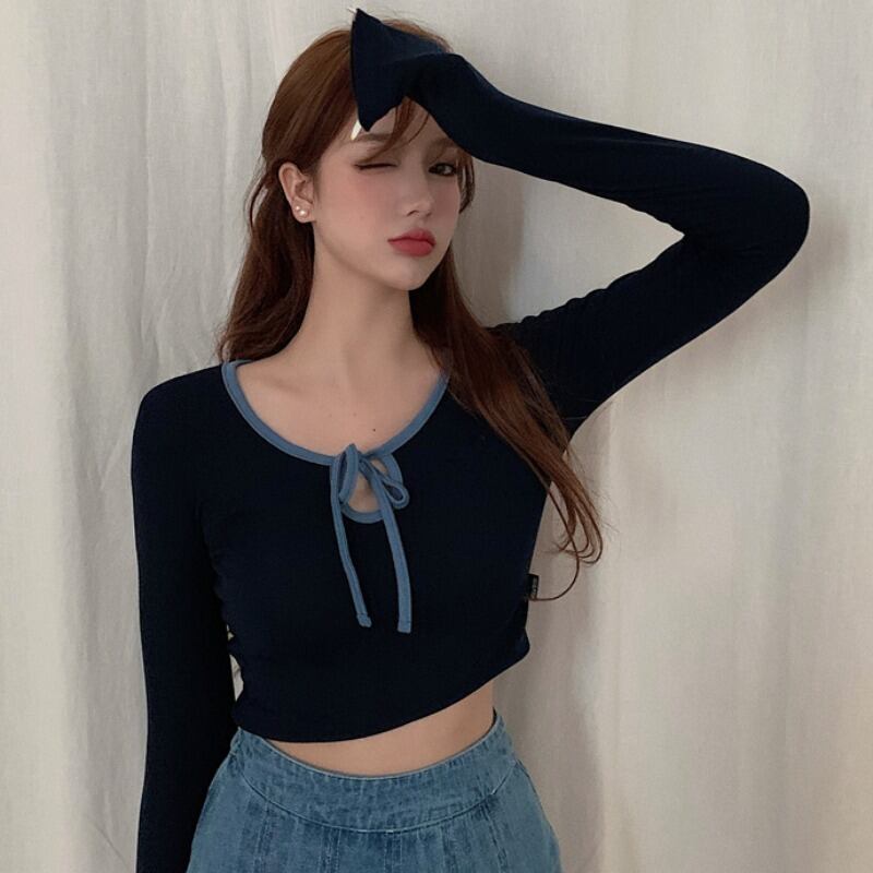 Tシャツ シャツ トップス スプリングネイビーブルーショート ロング レース 春物 レースアップ YY-ファッション4099392999