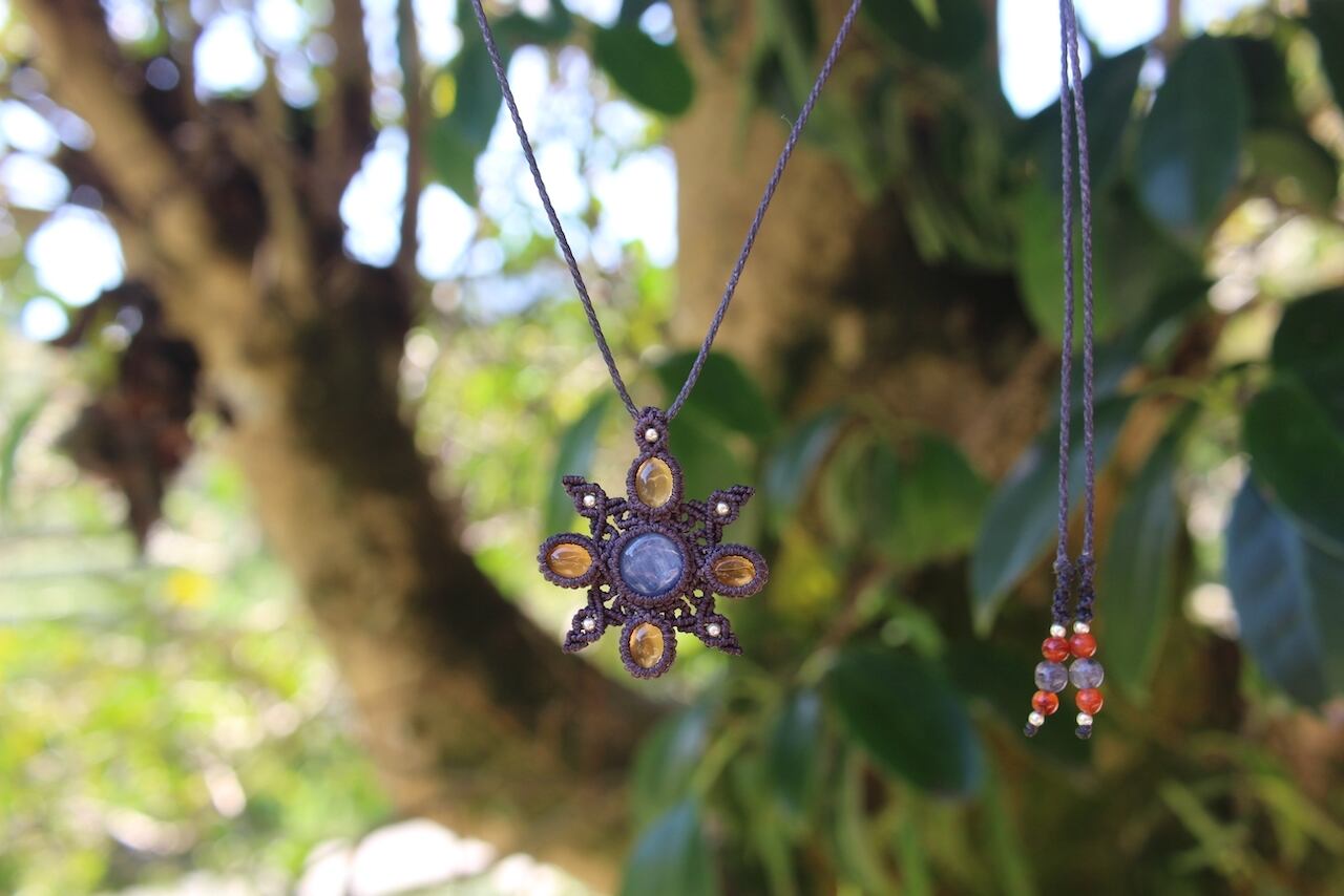 Kyanite & Hessonite Garnet micro macrame mandala pendant