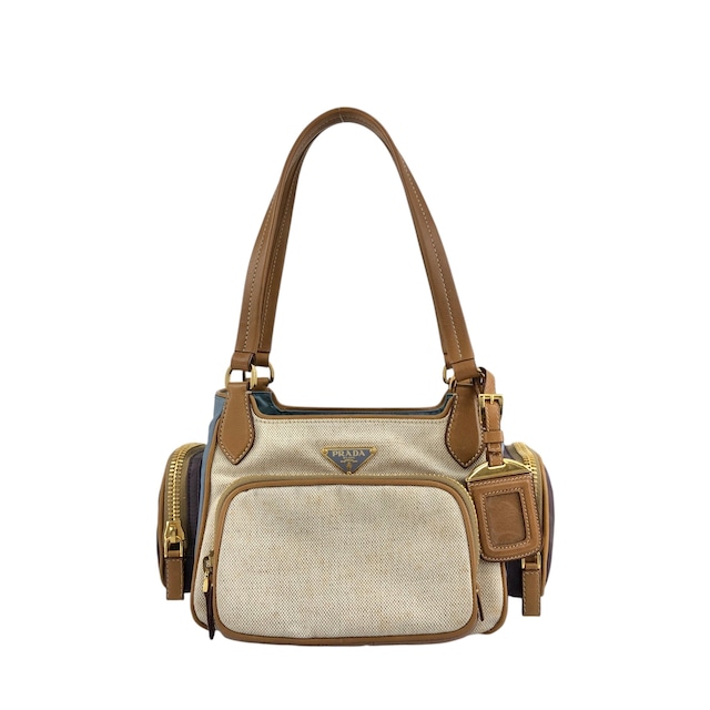 PRADA プラダ トートバッグ ベージュ ブルー トライアングルロゴ キャンバス マルチポケット vintage ヴィンテージ オールド fkki3a