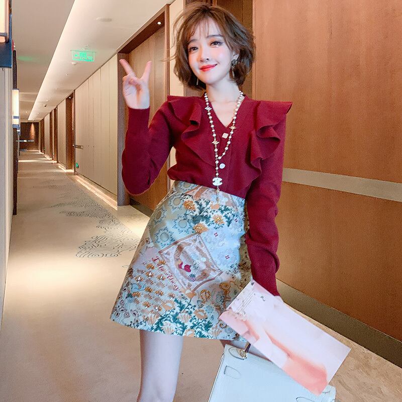 セーター ハイウェストウェストスカート オータム 秋物 ステッチ MIUCO67322572667