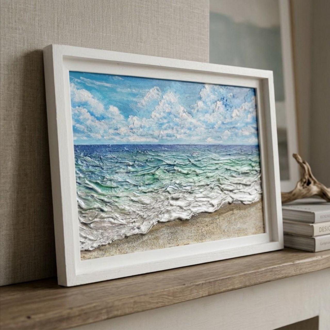 原画・額装済】夏の砂浜の海 — リアルな波と青空の油彩画（3D立体