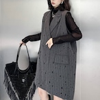 Rhinestone Mid-Length Striped Suit Vest Dress (ME340)