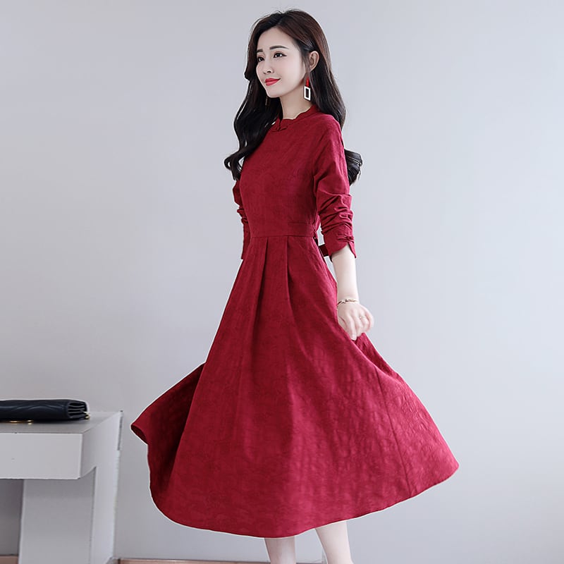 チャイナ風 ワンピース スタンドカラー フレアスカート 長袖 ワイン