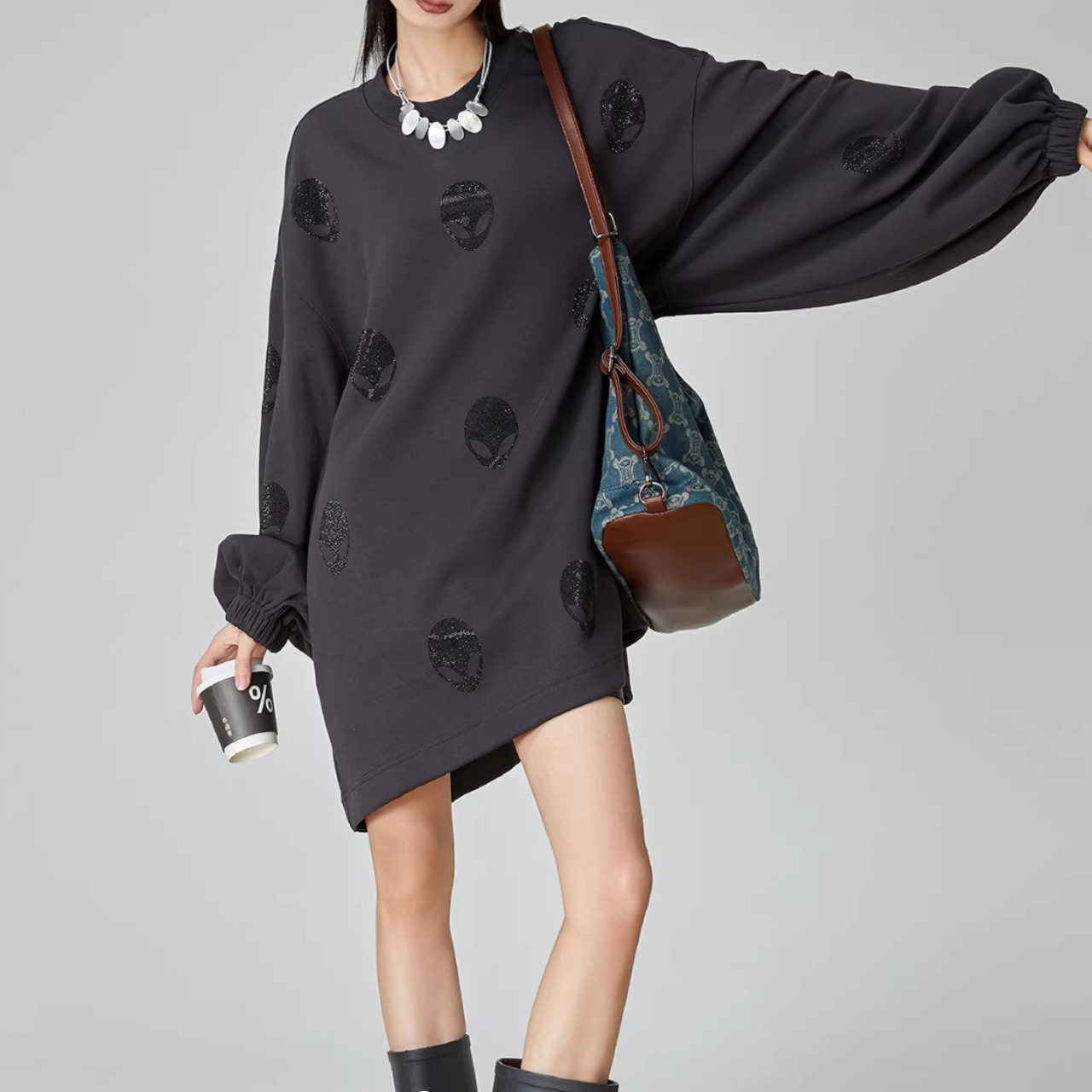 Black Rhinestone Embellished Sweatshirt Dress (ME289)