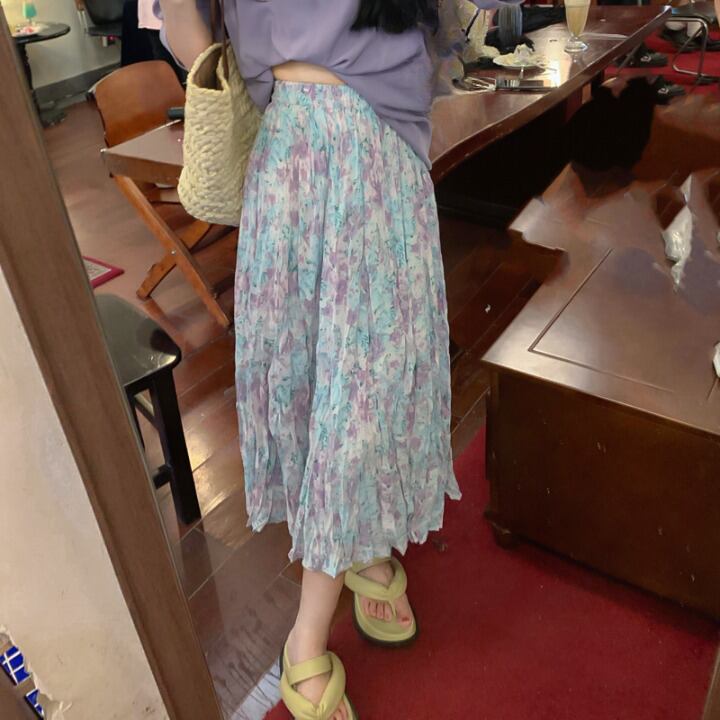 スカート レディース クリンクルプリーツ 花柄 ウエストゴム ミモレ丈 ひざ下 Aライン ハイウエスト かわいい 大人可愛い きれいめ シンプル 大人 上品 おしゃれ お洒落 ラブリー キュート フェミニン エレガント 花柄 フラワー 春 夏 秋 10代 20代 30代 40代 オフィス ビジネス OL 通勤 学生 通学 デート 休日 着回し 普段使い 韓国 韓国系 ファッション コーデ スタイル モテ 体型カバー 美脚 脚長 ワンサイズ パープル ピンク インスタ映え 送料無料