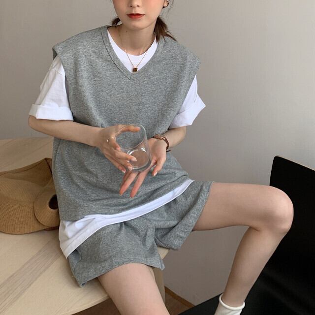 全3色 グレー/ブラック/ブルー レディース スウェット セットアップ 2点セット ベスト ショートパンツ ハーフパンツ ストリート かっこいい ゆったり