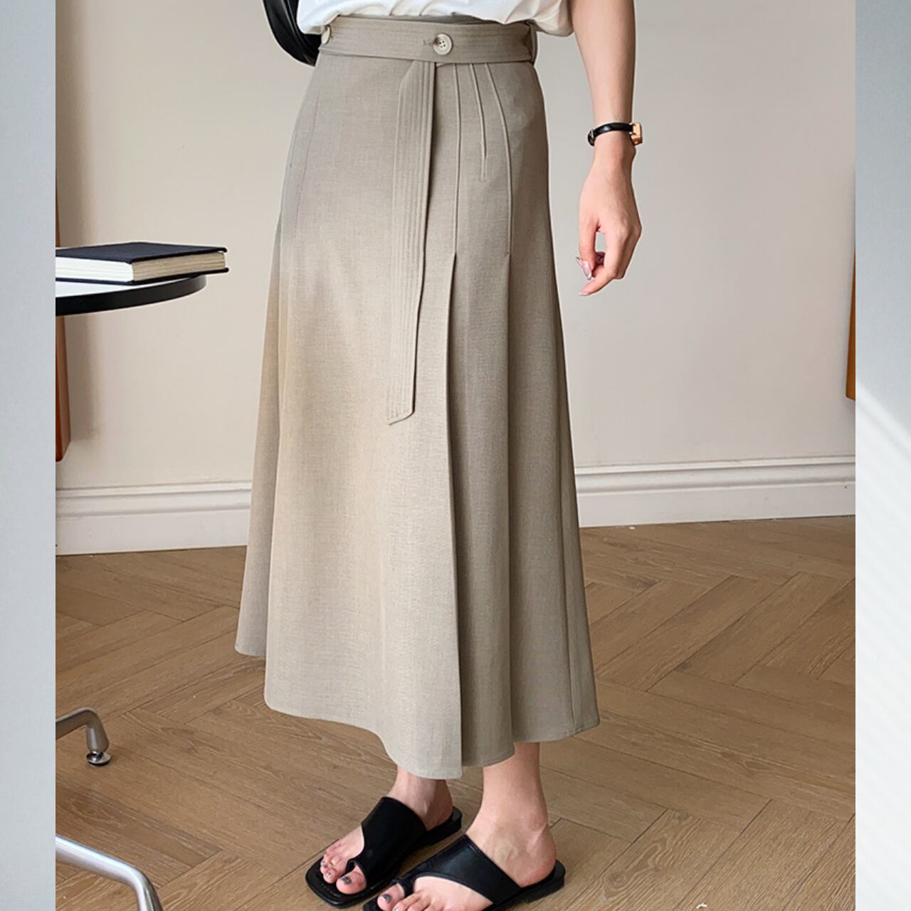 waist belt pleated aline skirt A-00267