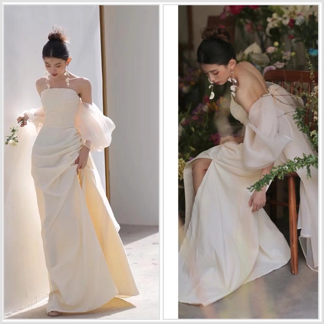 二の腕カバー 長袖 クルーネックウエディングドレス | URARA BRIDES 