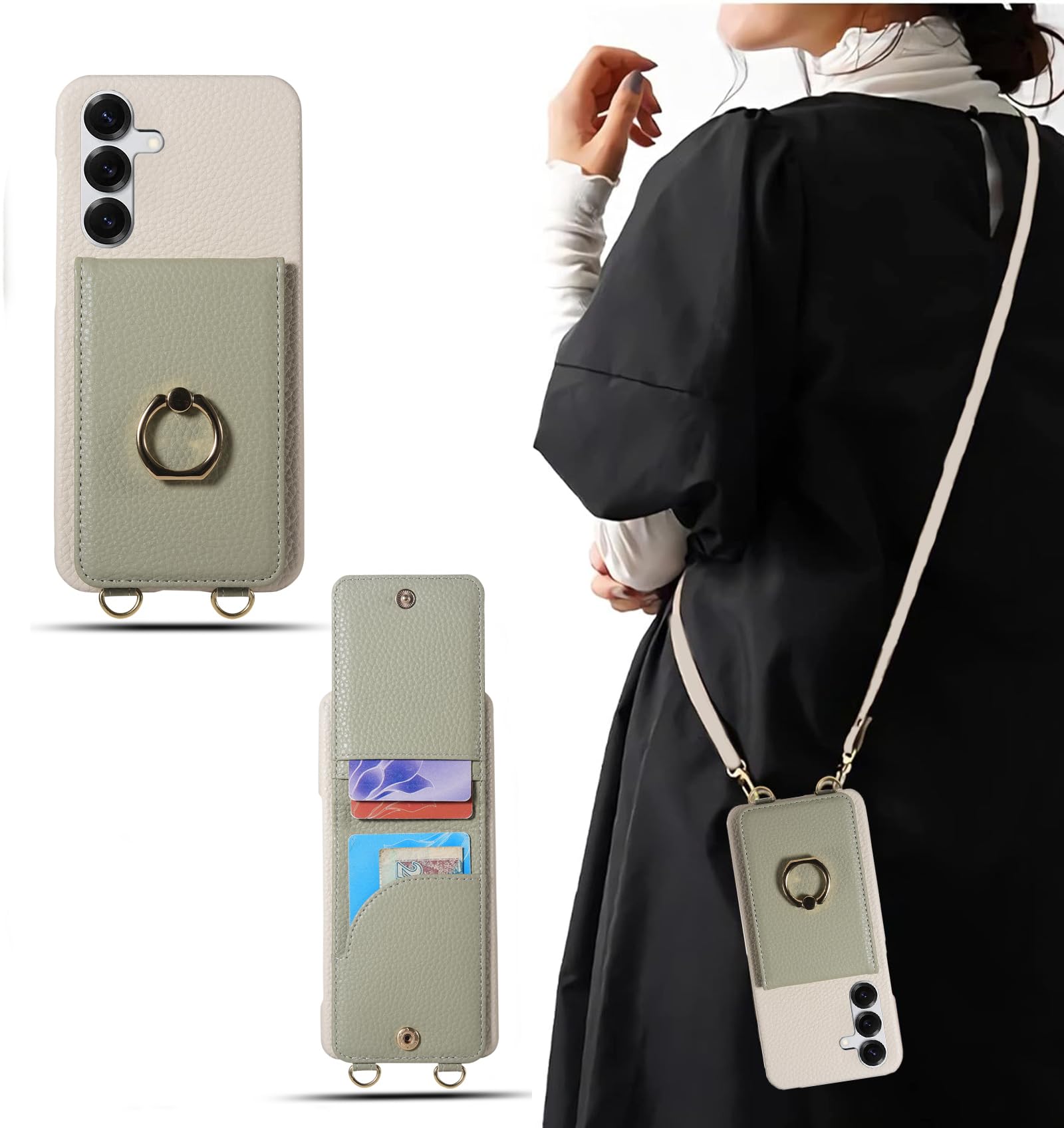 ギャラクシーs26 ケース ストラップ付き スマホケース ショルダー 背面 カード収納 pu レザー リング付 for galaxy s26 携帯 カバー 落下防止 耐衝撃 肩掛け 斜め掛 首掛け スタンド機能 (グリーン ホワイト, galaxy s26)