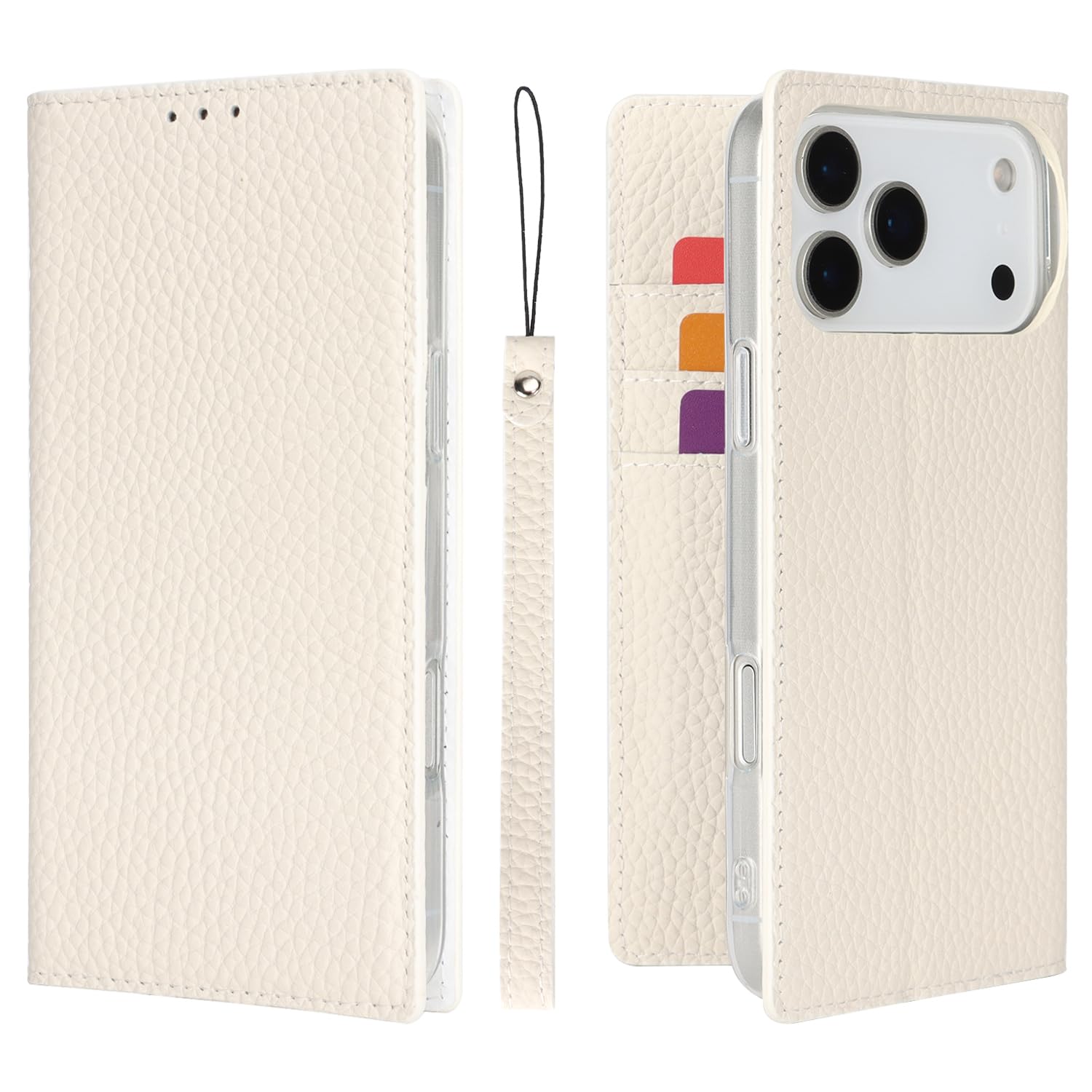 Havaya対応 いphone18ProMax ケース いPhone17Pro Max ケース 手帳型 本革 スマホ ストラップ-オフホワイト