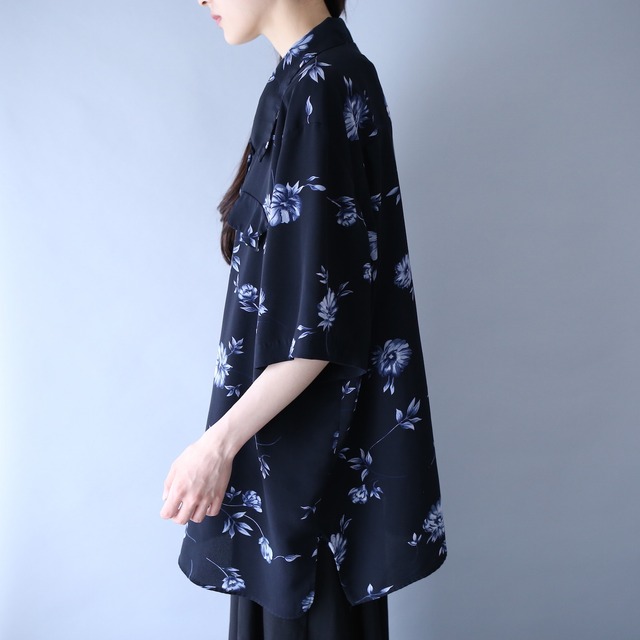 "花柄" black base blue flower pattern box silhouette open collar h/s shirt