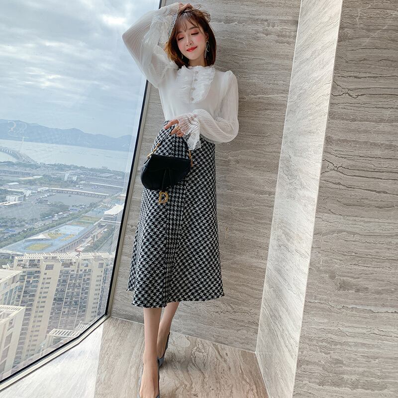 ニットプリーツスリーブトップス ハイウェストウェストスカート スプリング レッド 春物 ステッチ MIUCO23883454845