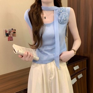 フレンチスリーブ ニット トップス レディース 夏 韓国風 サマーニット スカーフタイ コサージュ 花モチーフ 取り外し可能 スクエアネック ショート丈 細見え きれいめ フェミニン 通勤 [LS-CGT125]