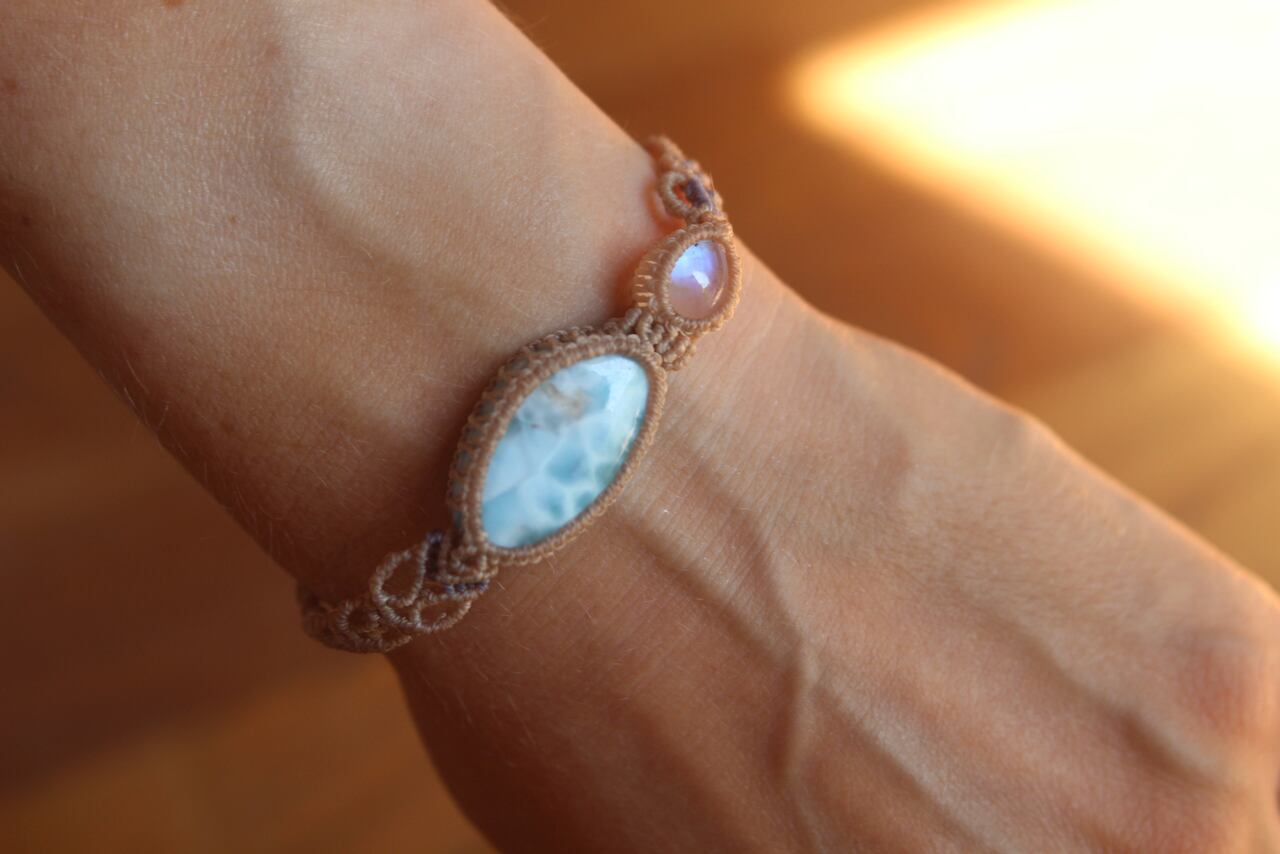 Larimar & Rainbow moonstone micro macrame bracelet