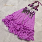 ベリーダンス オリエンタル 衣装 上下セット パープル系 ビーズ ラインストーン トップス スカート ベルト セット 華やか フリル フリンジ 上品 ダンス衣装 キラキラ ストーン 煌びやか ボリューム 舞台 かわいい