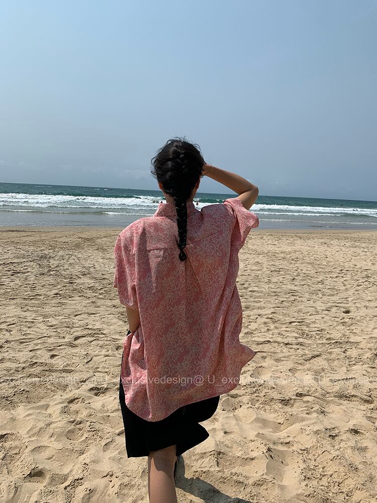 ブルー格子柄シャツ サマーロングルーズ半袖スリーブ ショート ハーフスリーブ 夏物 ビッグFスモールZ韓国19087176110