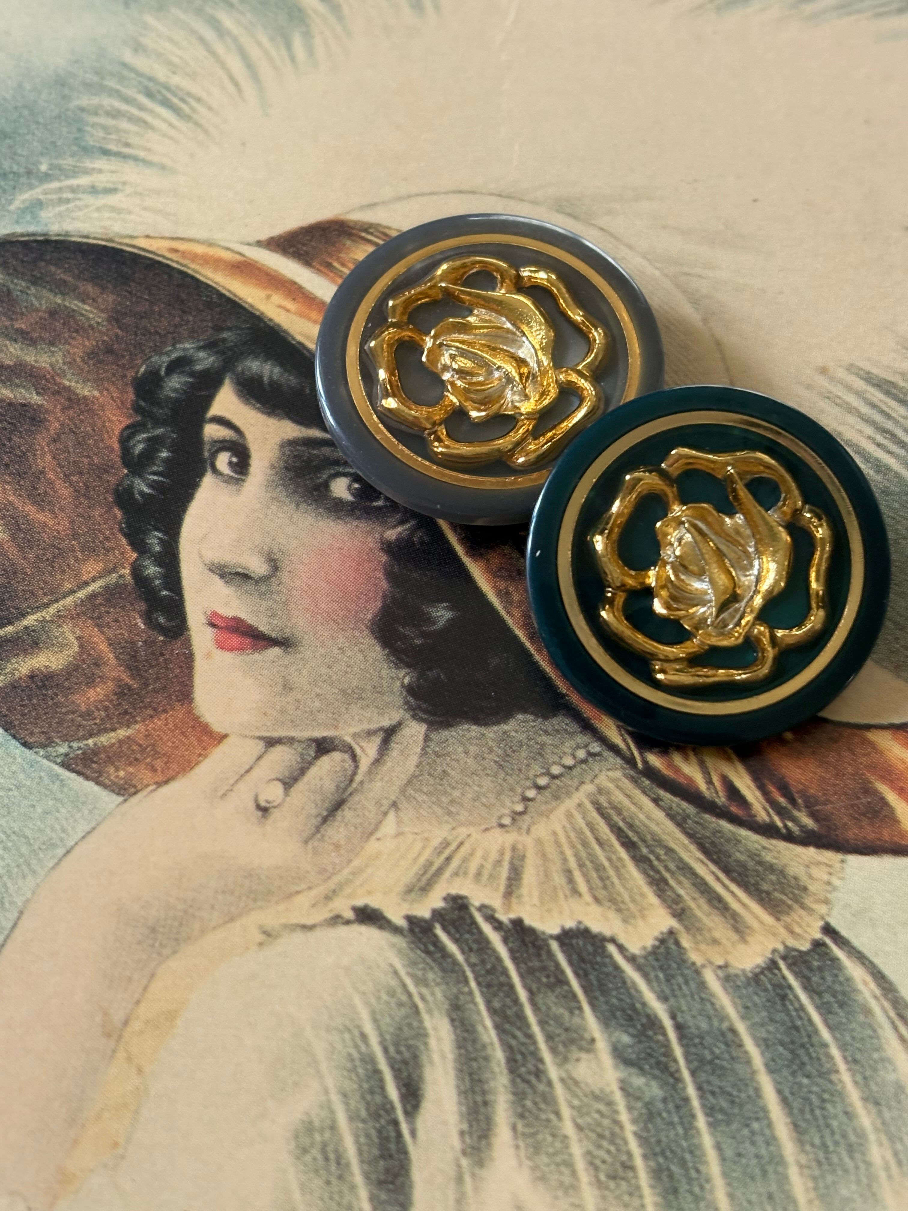 Japanese Vintage ヴィンテージボタン Rose 薔薇 グリーン/グレー 22mm アクセサリーパーツ 装飾材