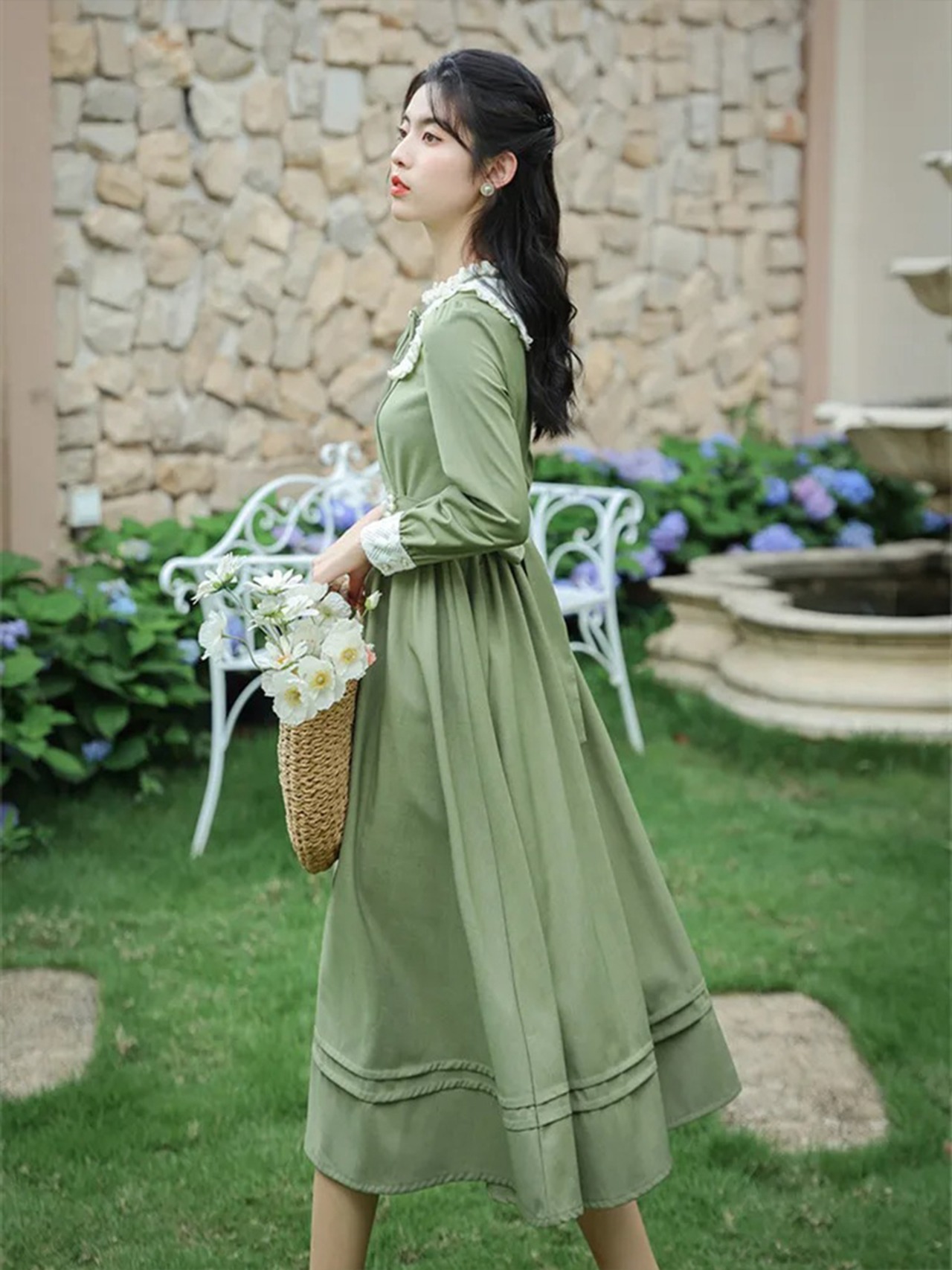 【0168】West Point Green Cotton Long Sleeve Dress