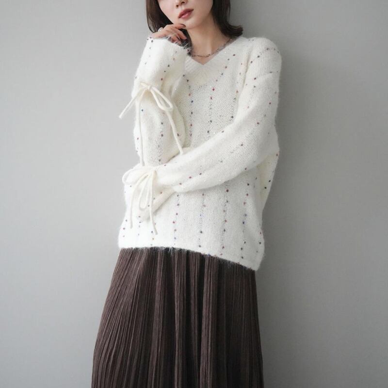 【tops】3色展開Vネックニットトップス Q7702