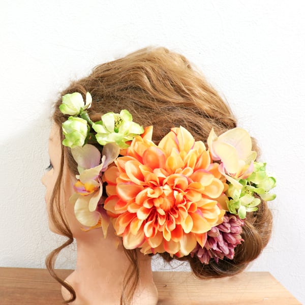 【アーティフィシャル】成人式・卒業式・結婚式和装の髪飾りに。オレンジのダリア・マム・蘭のヘッドドレス | Rose Garden powered by  BASE